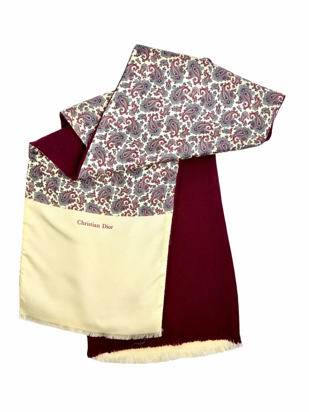 Christian Dior Men’s  Doubled Scarf Silk Wool Burgundy Cream Paisley
